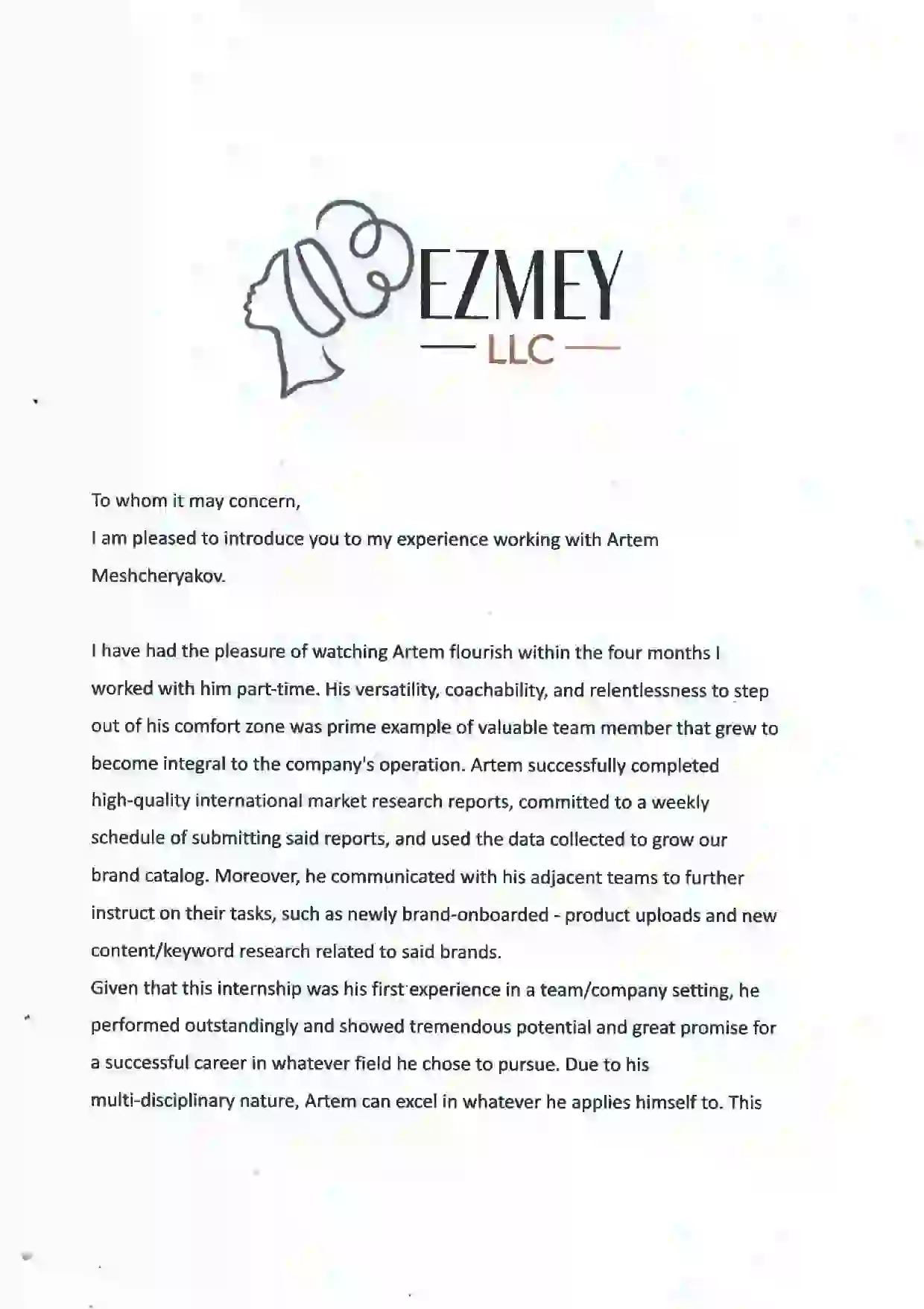 Recomendation letter from Ezmey's company to Artem Meshcheryakov